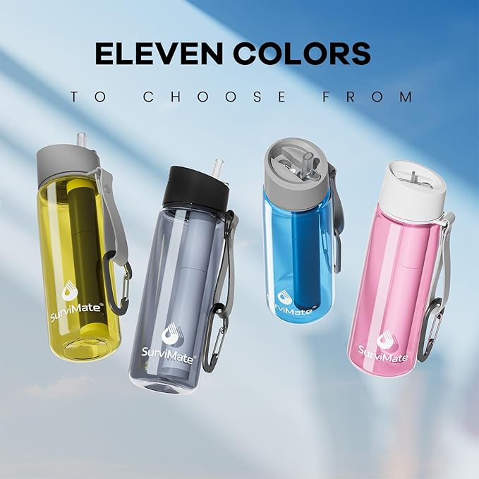 SurviMate 5-Stage 0.01μm Ultra-Filtration Filtered Water Bottle, BPA-Free Material, NSF/ANSI 42&372 Certified, Portable Water Filter Bottle for Survival, Camping, Hiking, and Emergency Use