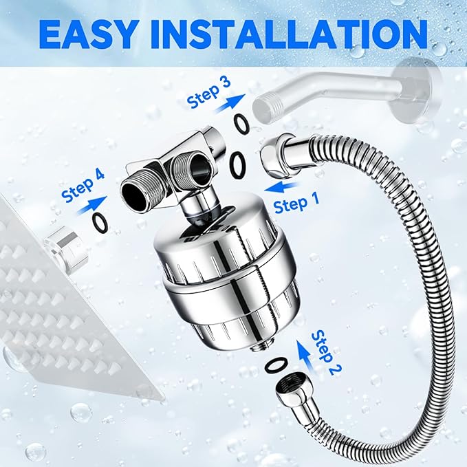 Universal 15 Stage Shower Head Filter for Hard Water, Dual ShowerHead Simultaneously Filtering, Suitable Majority Rain Rainfall Shower Head Combo, Easy Install - Polished Chrome