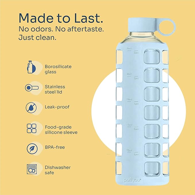 purifyou 40oz / 32oz / 22oz / 12oz Borosilicate Glass Water Bottle with Time & Volume Markers, Silicone Sleeve, Stainless Steel Lid | Reusable Glass Bottle for Water & Juice (40oz Ice Blue)