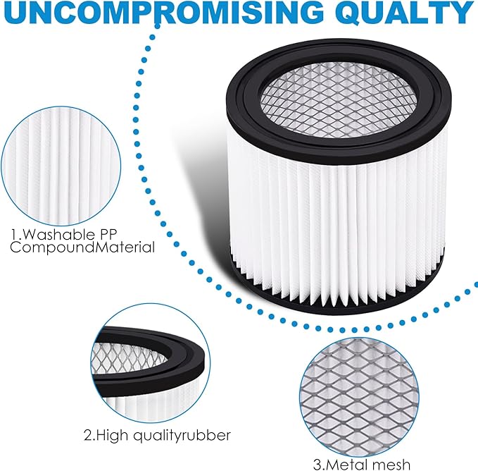 90398 Shop Vac Filters Replacement for Shop Vac Type AA Cartridge Filter 90398/118692, 9039800, 9039833(2 Pack), with 4 Foam
