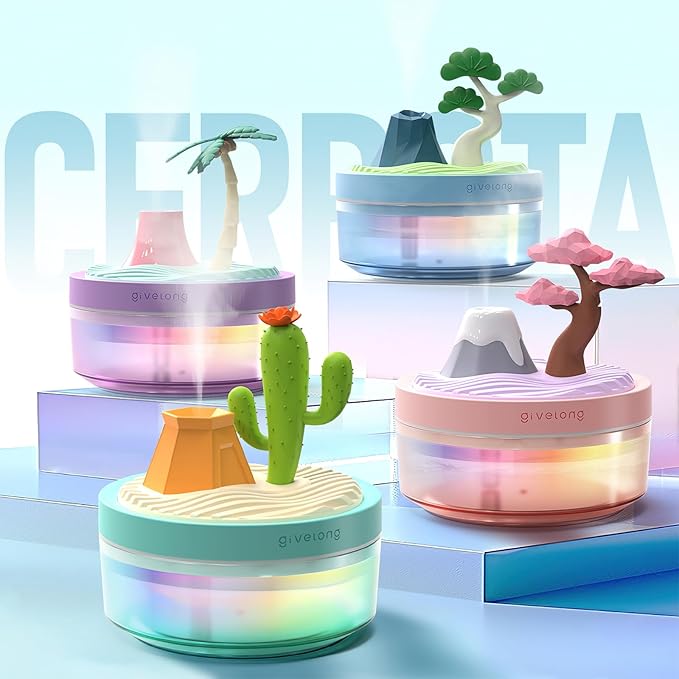 Cute Mini Humidifier, 320ml Coconut Tree Desktop Humidifiers for Bedroom, Portable Small Cool Mist Humidification for Home, Baby Nursery, Office & Indoor Plants, USB Powered