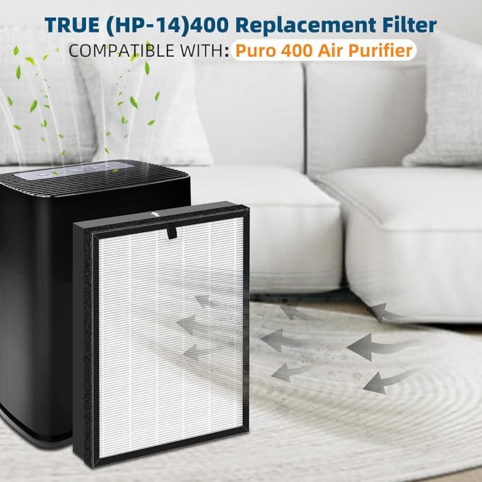 2 Pack 400 Replacement Filter Compatible with Puro 400 Air Filter, 3-in-1 Grade True HP-14 Air Filter with Activated Carbon Filter, Filters up to 99.97% of common household pollutants