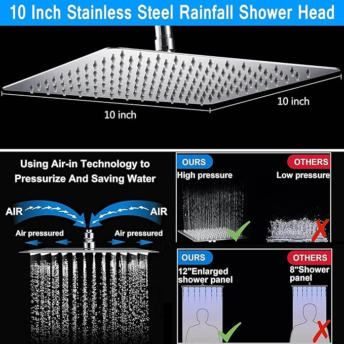 Shower Head, 10" High Pressure Rain shower head with Handheld Spray Combo, 6 Settings Handheld with 78" Anti-leak Hose, 11" Adjustable Extension Arm, Ultra Thin Water Saving, Chrome, AWAXFOLO