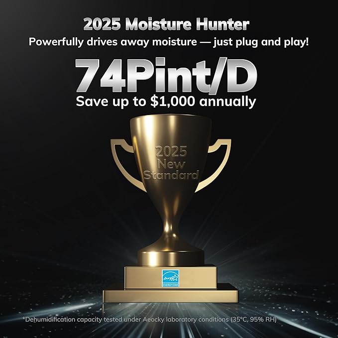 4500 Sq.Ft Energy Star 2025 Dehumidifier,AEOCKY Max 74 Pint/D(Standard 52Pint/D) Smart Compressor Dehumidifier with Drain Hose, Intelligent Humidistat,for Basement,Bedroom,Home,Bathroom