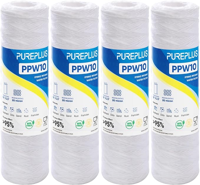 PUREPLUS 20 Micron 10"x2.5" Whole House String Wound Sediment Filter for Well Water, Replacement Cartridge for Universal 10 inch RO System, WP-5, Aqua-Pure AP110, CFS110, Culligan P5,WFPFC4002, 4Pack