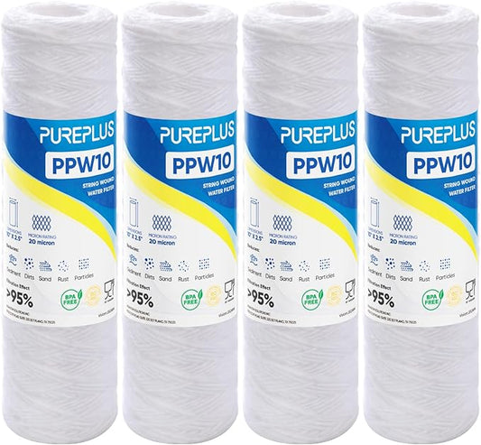 PUREPLUS 20 Micron 10"x2.5" Whole House String Wound Sediment Filter for Well Water, Replacement Cartridge for Universal 10 inch RO System, WP-5, Aqua-Pure AP110, CFS110, Culligan P5,WFPFC4002, 4Pack