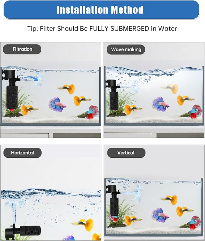 Aquarium Filter for 5-10 Gallon Tank – Ultra Quiet Submersible Filter Pump, 4W Energy Efficient, Adjustable Flow, Easy to Install, for Freshwater Fish and Small Aquariums