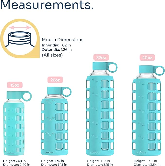 purifyou 40oz / 32oz / 22oz / 12oz Borosilicate Glass Water Bottle with Time & Volume Markers, Silicone Sleeve, Stainless Steel Lid | Reusable Glass Bottle for Water & Juice (12oz Aqua Blue)