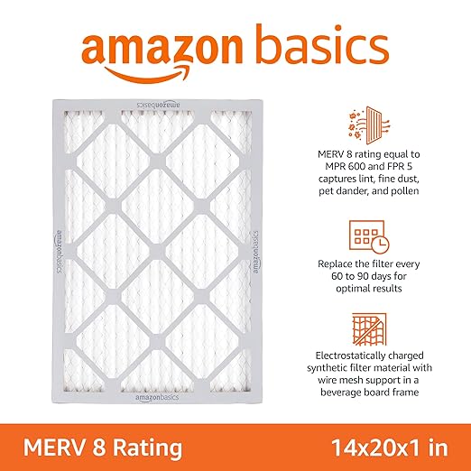 Amazon Basics 14x20x1 Air Filter 6 Pack, MERV 8 AC Furnace Filters (Actual Size: 13.75" x 19.75" x 0.75")