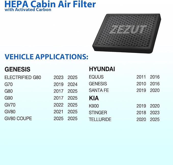 Cabin Air Filter CF10735 Fits Genesis G70, G80, G90, GV70, GV80, Hyundai Equus, Genesis, Kia K900, Stinger, Telluride, Honeycomb Structure and Activated Carbon Beads, Durable and Sturdy