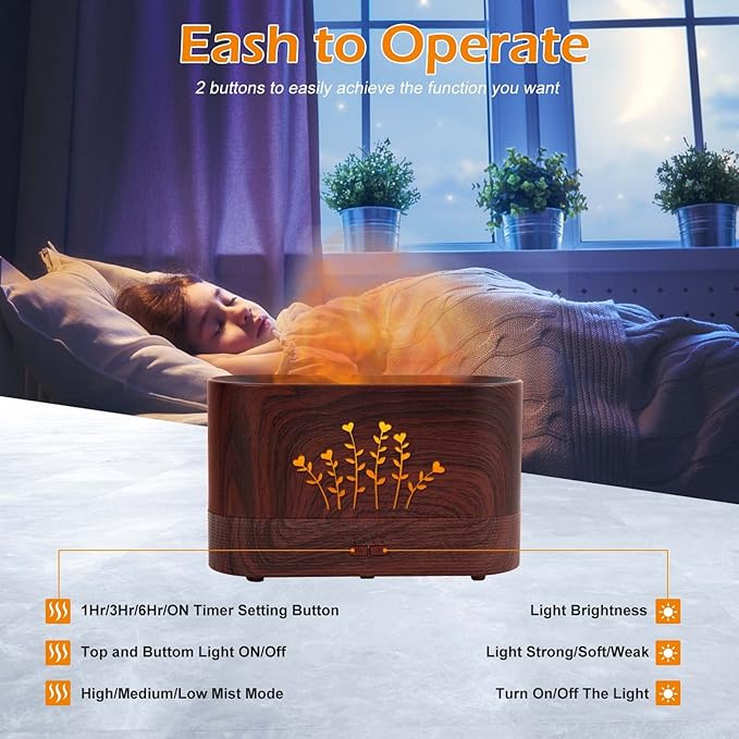 Flame Aroma Diffuser Humidifier,Auto-Off 300ml Essential Oil Diffuser for Large Room, Adjustable Brightness Air Humidifier with Timer for Home Office Spa Gym (Wood Grain)