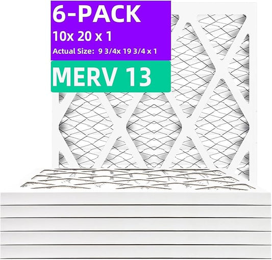10x20x1 MERV 13 (6-Pack) Pleated Air Filter (Actual Size: 9.75" x 19.75" x 0.75") MPR 1900 & FPR 10, Furnace Air Filters 10x20x1 Air Filter
