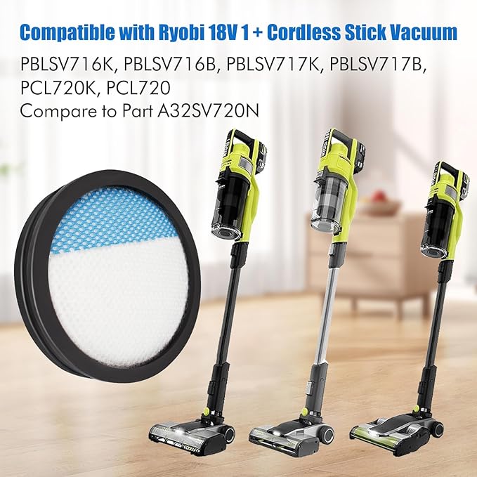 3 Pcs Washable Filter for Ryobi 18V 1 + Cordless Stick Vacuum PCL720, PBLSV716, PBLSV717 Replacement Parts, Compare to Part A32SV720N