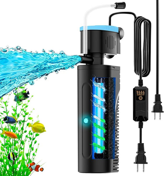 U - V Aquarium Filter with Timer (3/6/12/24 Hours) for Green Water Cleaning, Fish Tank Filter with Aeration & Rainfall Mode, Turtle Filter with Efficient Filter Sponge for Tanks 30-70 Gallon