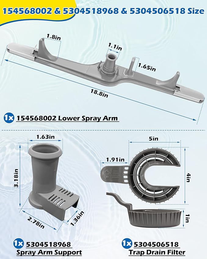 154568002 Dishwasher Lower Spray Arm -Complete with 5304518968 Support & 5304506518 Filter-Compatible with Frigidaire Electrolux Dishwasher Bottom Lower Spray Arm 154250901 154414101 5304517203