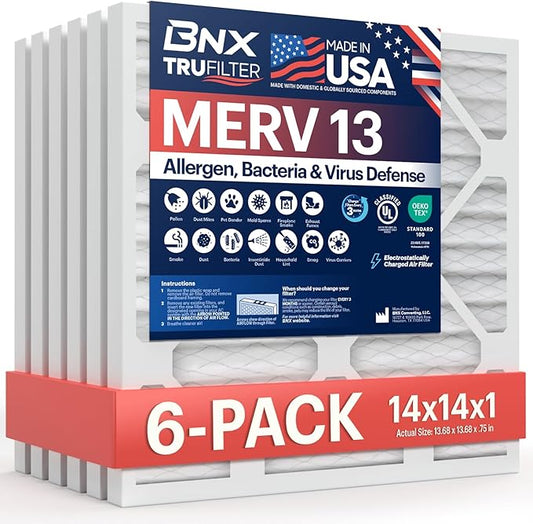 BNX TruFilter 14x14x1 Air Filter MERV 13 (6-Pack) - MADE IN USA - Electrostatic Pleated Air Conditioner HVAC AC Furnace Filters for Allergies, Pollen, Mold, Bacteria, Smoke, Allergen, MPR 1900 FPR 10