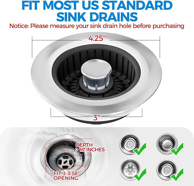 Kitchen Sink Drain Strainer - 3Pack Sink Stopper, Drain Protector, Kitchen Drain Plug & Sink Installation Parts with Anti-Clogging Basket, Fit US Standard 3-1/2'' Sink Drain Hole, Black