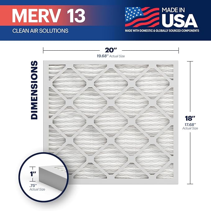 BNX TruFilter 18x20x1 Air Filter MERV 13 (12-Pack) - MADE IN USA - Electrostatic Pleated Air Conditioner HVAC AC Furnace Filters for Allergies, Pollen, Mold, Bacteria, Smoke, Allergen, MPR 1900 FPR 10