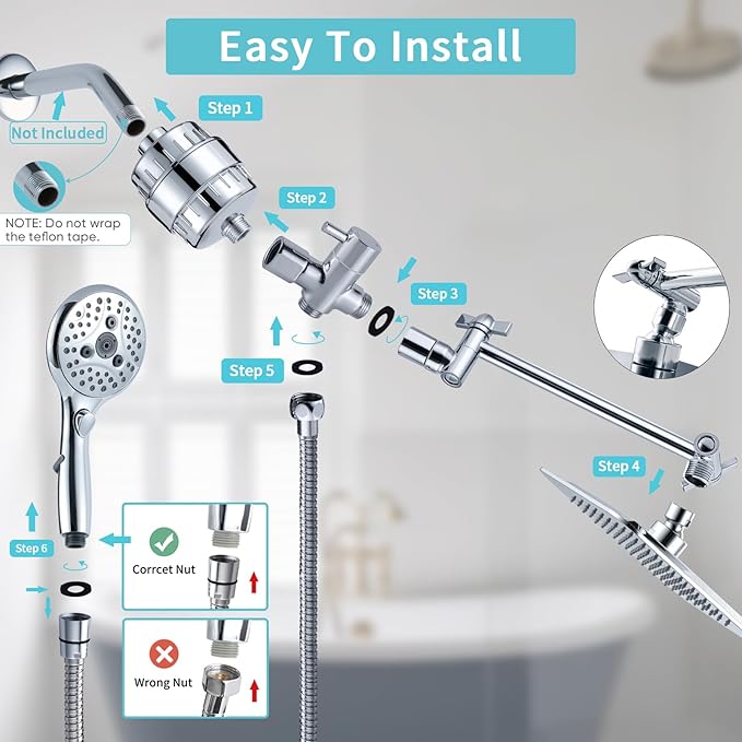 8'' Dual 20 Stage Filtered Shower Head with Handheld, 6 Spray Settings Handheld Shower Head High Pressure Rainfall Filter Combo with 12'' Adjustable Extension Arm, 71'' Shower Hose (Chrome Polished)
