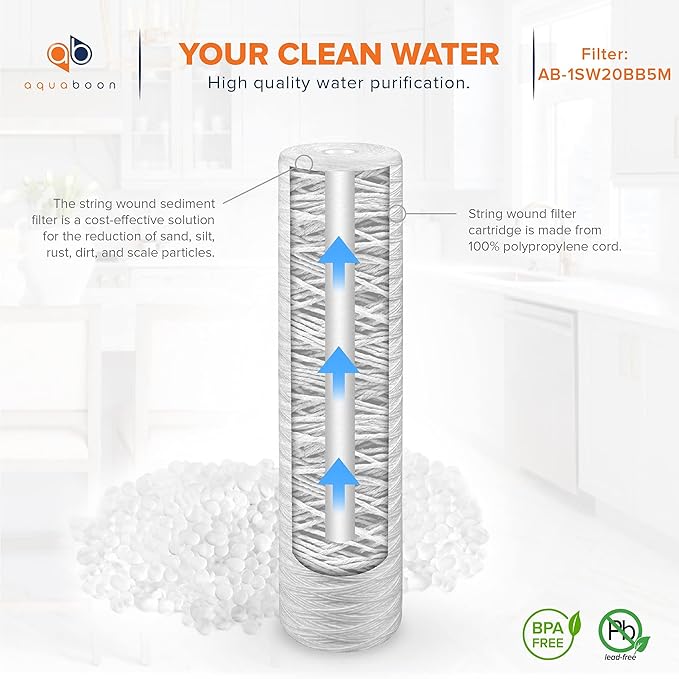 Aquaboon 5 Micron 20 x 4.5 Whole House String Wound Water Filter Replacement Cartridge for Well Water Filtration Compatible with WP5BB20P, 10-Pack