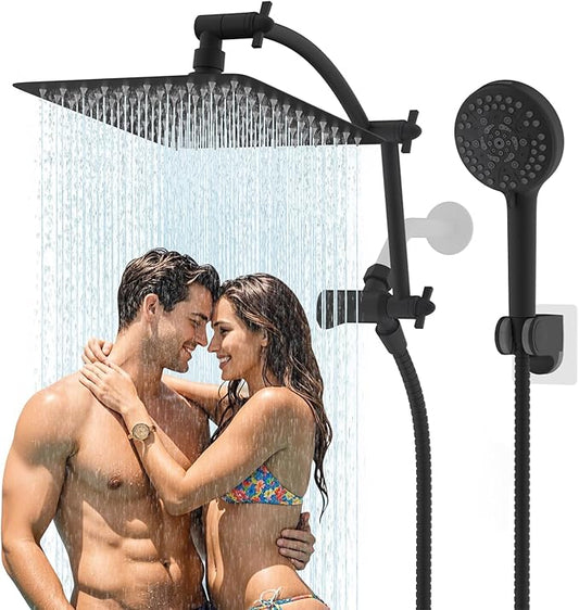 Hibbent All Metal Shower Head, 12'' High Pressure Rain Shower Head/Handheld Showerhead Combo with 16'' Adjustable Arc-shaped Extension Arm, 10 Sprays, 71'' Hose, Showerhead Holder, Matte Black