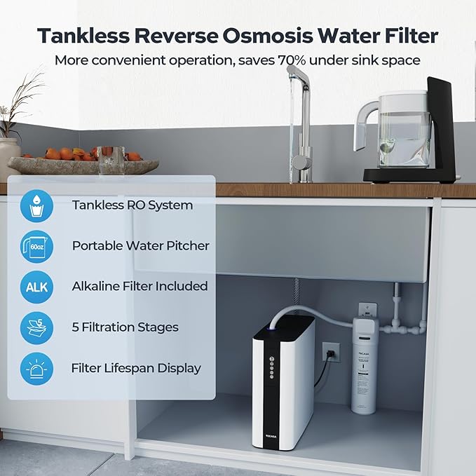 Tankless Reverse Osmosis System with Auto-Fill Pitcher & Alkaline PH+ Mineral Filter, TECASA 5-Stage Under Sink RO Water Filter, NSF Certified 0.0001μm for PFAS/Lead Removal, Space-Saving for Home/RV
