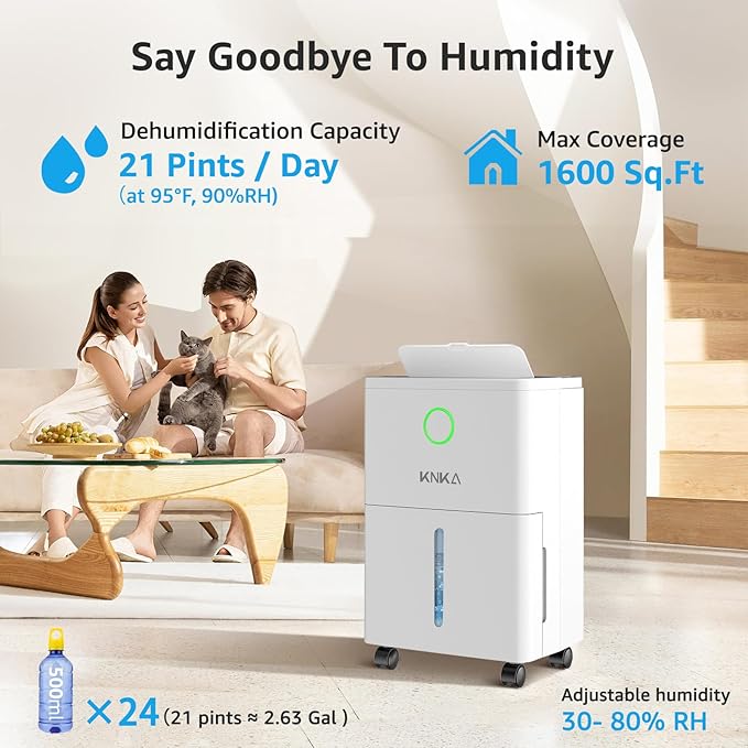 1600 sq.ft Dehumidifier for Basement, 21 Pint Dehumidifiers for Home with Drain Hose, Continuous Drainage, Washable Filter, Intelligent Humidistat for Bedroom, Bathroom, Large Room
