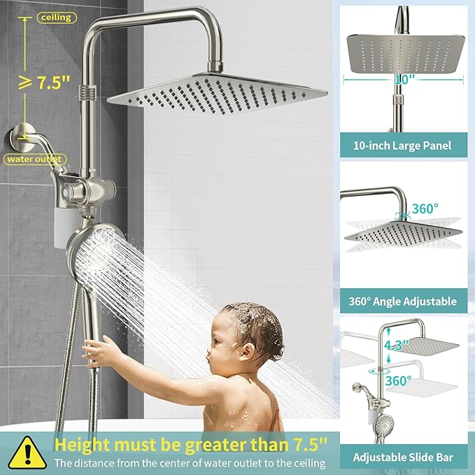 10" Rainfall Shower Heads with Handheld Spray Combo High Pressure, Magnetix Shower Head with Filters for Hard Water, 2 in 1 Dual Shower Head with Handheld and Slide Bar (Brushed Nickel)