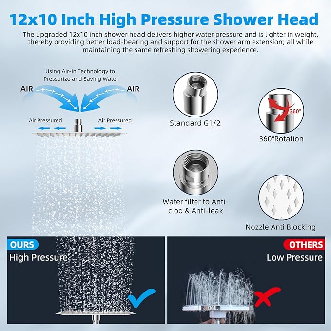 Hibbent All Metal 12'' Dual Filtered Rainfall Shower Head Combo, High Pressure Handheld Shower Head with 16'' Adjustable Arc Extension Arm, 20 Stage Shower Filter, 10-spray, 71'' Shower Hose, Chrome