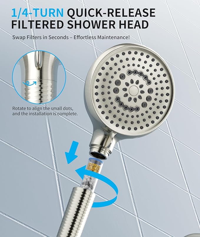 Filtered Shower Head with Handheld, 10 Spray Mode High Pressure Shower Head with Filters, Shower Filter Head for Hard Water, Powerful Spray for Cleaning, 2 Replaceable Filters Included, Brushed