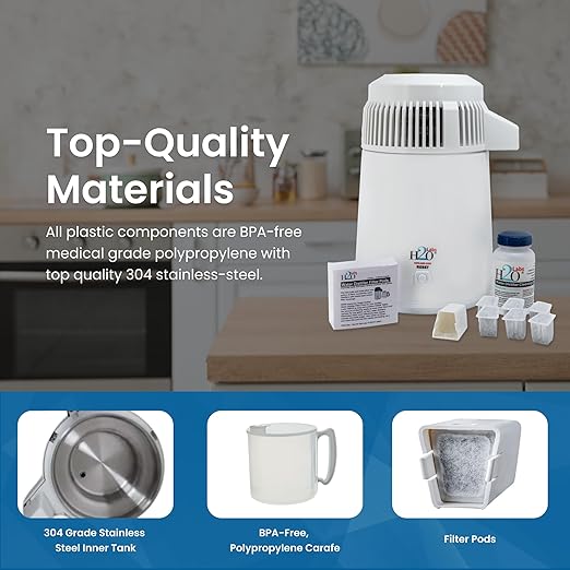 H2o Labs Best-in-Class Model 100 White Baked-enameled Metal Body 1-Gallon Countertop Home Water Distiller with Break-Resistant Food-Safe Polypropylene Carafe and Most Effective VOC Removal