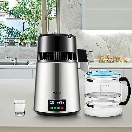 VEVOR 1.1 Gal Water Distiller, 0.3 Gal/H, Distilled Water Maker Machine 750W 0-99H Timing Set Temp Display, 304 Stainless Steel Countertop Distiller Glass Carafe Cleaning Powder 3 Carbon Packs, Silver