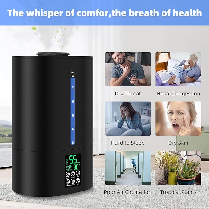 6L Humidifiers for Bedroom Large Room Home, Cool and Warm Humidifier for Plants Mist Top Fill Desk Humidifier Essential Oil Diffuser, Quiet Humidifiers with Adjustable Mist,360°Nozzle-Black