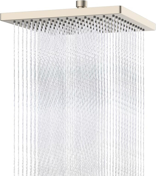 Hibbent Thickness Metal Rain Shower Head, 12 Inch High Pressure Shower Heads, Square Large Bathroom Rainfall Shower Head with Adjustable Brass Ball Joint, Waterfall Full Body Coverage, Brushed Nickel