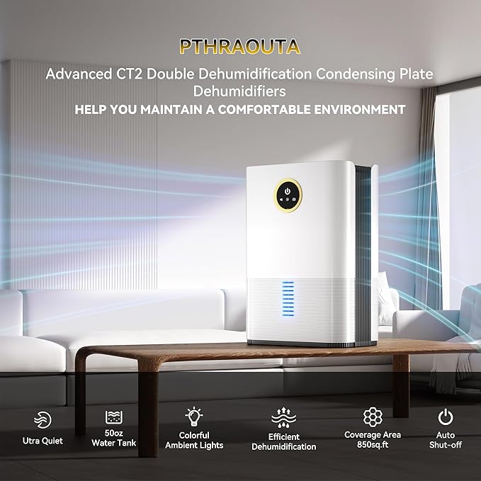 Dehumidifier for Room for Home, (850 sq.ft) Small Dehumidifiers with Drain Hose, Safe Drainage Auto-off Odor Removal 2 Duak-Core Portable Deshumificador Bathroom RV, 50 OZ Water Tank