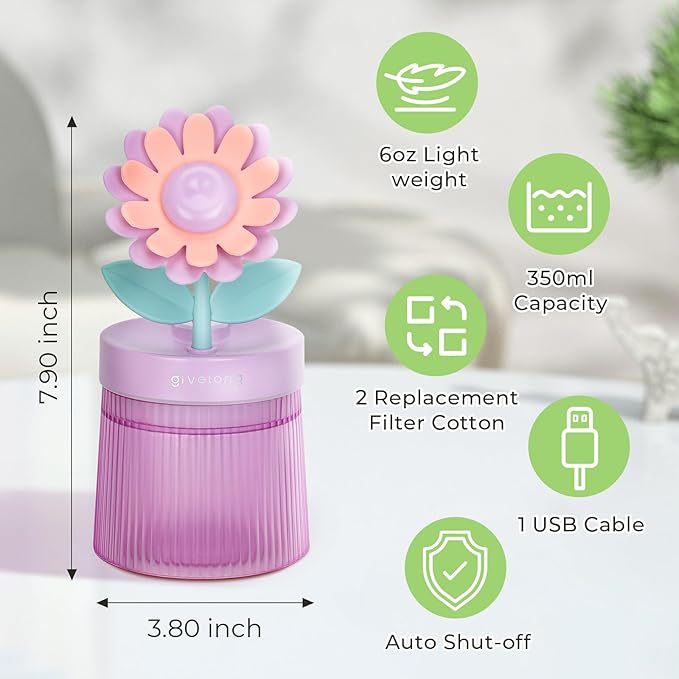 Cute Flower Mini Humidifier, 260ml Sunflower Desktop Humidifiers for Bedroom, Portable Small Cool Mist Humidification for Home, Baby Nursery, Office & Indoor Plants, USB Powered (Purple)