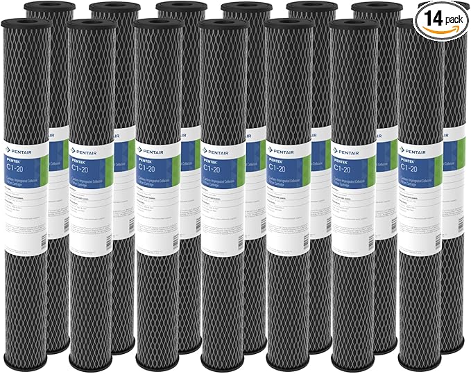 Pentair Pentek C1-20 Carbon Water Filter, 20-Inch, Whole House Dual Purpose Powdered Activated Carbon-Impregnated Cellulose Replacement Cartridge, 20" x 2.5", 5 Micron, Pack of 14