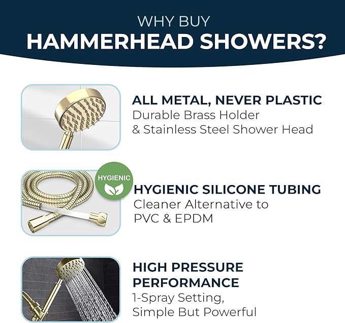 HammerHead Showers® Solid Metal Handheld Shower Head with Hose and Brass Holder - POLISHED BRASS - 2.5 GPM High Pressure Shower Heads with Adjustable Shower Wand Bracket - 6ft Flexible Extension