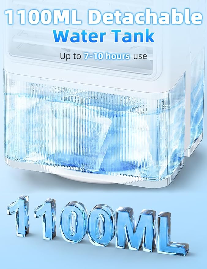 Small Air Conditioner w/ 3 Speeds&3 Modes, Remote, 1100ML Tank Humidifier, 8-Cube Ice Tray, 120° Oscillating, 4 IN 1 Portable Air Conditioners, 7-Color Light, 4H Timer Desk AC Unit for Bedroom