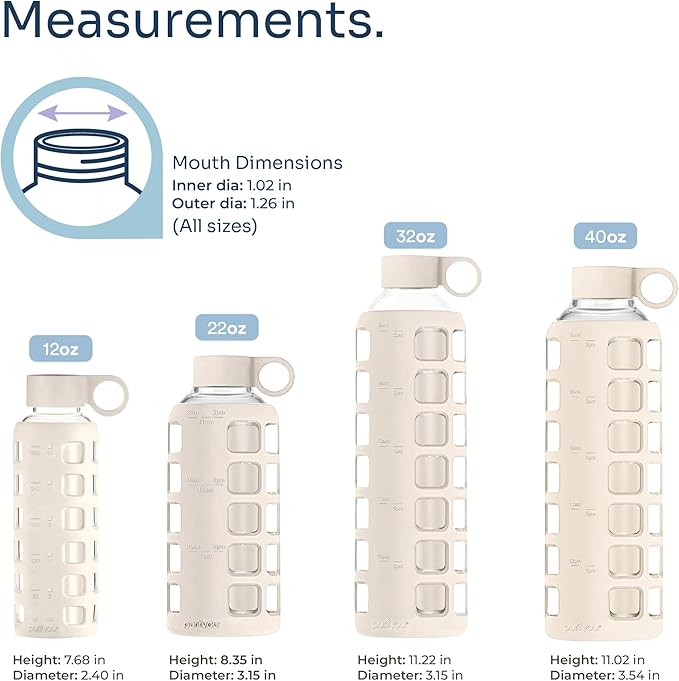 purifyou 40oz / 32oz / 22oz / 12oz Borosilicate Glass Water Bottle with Time & Volume Markers, Silicone Sleeve, Stainless Steel Lid | Reusable Glass Bottle for Water & Juice (12oz Pearled Ivory)