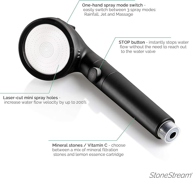 Original StoneStream® EcoPower High Pressure Matte Black Shower Head - Spa Like Ionic Filter to Soften Water, Increase Pressure & Save Water- Mineral Stones Filter Shower head With 3 Spray Settings