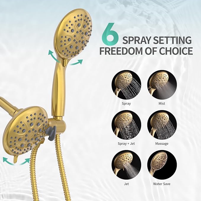 SR SUN RISE High Pressure 3-Way Rainfall Shower Faucet, 3 in 1 Shower Head and Handheld Shower Combo Set with 71” Hose, Easy to Clean Bathtub or Pets, Valve and Shower Trim Kit, Brushed Gold