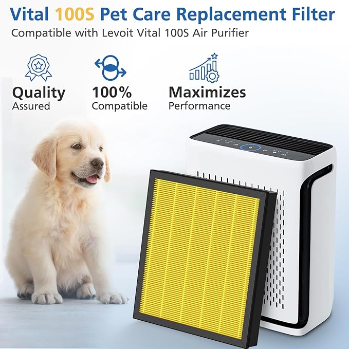 Vital 100S Pet Care Replacement Filter Compatible with LEVOIT Vital 100S Air Purifier, 3-in-1 HEPA Activated Carbon Vital 100S-P Filter, Vital 100S-RF-PA (LRF-V102-YUS), 2 Pack, Yellow