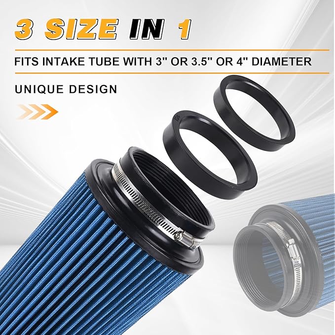 4-Inch Cold Air Intake Filter - Washable, High Performance, 3" or 3-1/2" or 4" Clamp-On Filter Height: 9 In Replacement Cone Air Filter Universal 3 Sizes in 1 (Blue)