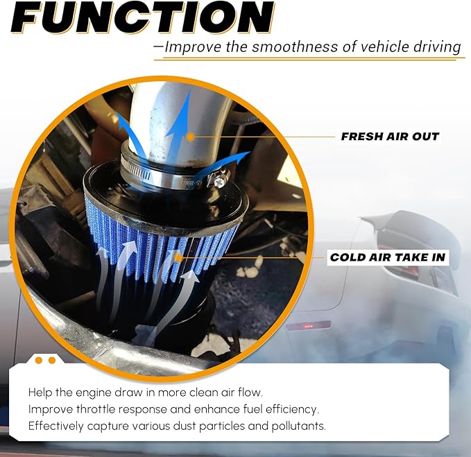PTNHZ Universal Blue 3" 76mm High Flow Cold Air Intake Cone Air Filter Power Intake Air Inlet System Air Cleaner