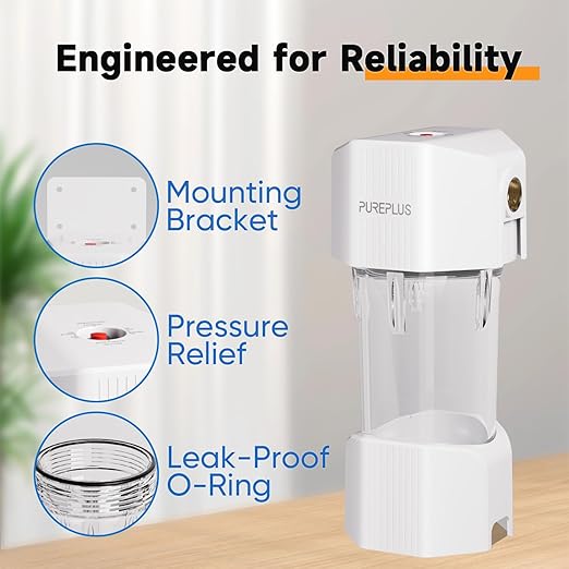 PUREPLUS Whole House Water Filtration System, 10″ × 4.5″ Housing, 1″ NPT Inlet/Outlet, Durable Housing with Bypass & Backwash, Pressure Relief, Mounting Bracket