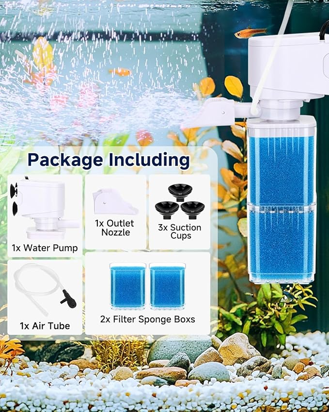 4-in-1 Aquarium Power Filter - Mutil Stage Filtration, Adjustable Oxygenation/Wavemaker, Whisper-Quiet Submersible Fish Tank Filter & Water Circulation System for 20-100 Gal Fresh/Salt Tank