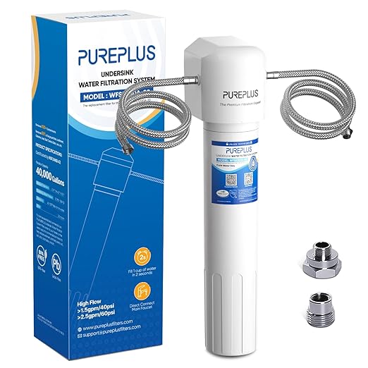 PUREPLUS Under Sink Water Filter, 40,000 Gallons Capacity, 99.99% Chlorine Reduction, NSF/ANSI 42 Certified, Removes Heavy Metals and Chlorine, Direct Connect Under Counter Water Filtration System