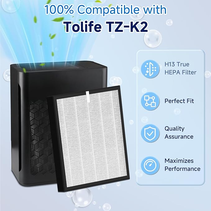 TZ-K2 TRUE HEPA Replacement Filter Compatible with ToLife TZ-K2, 3-in-1 H13 Activated Carbon TZ-K2-A Filter, 2 Pack