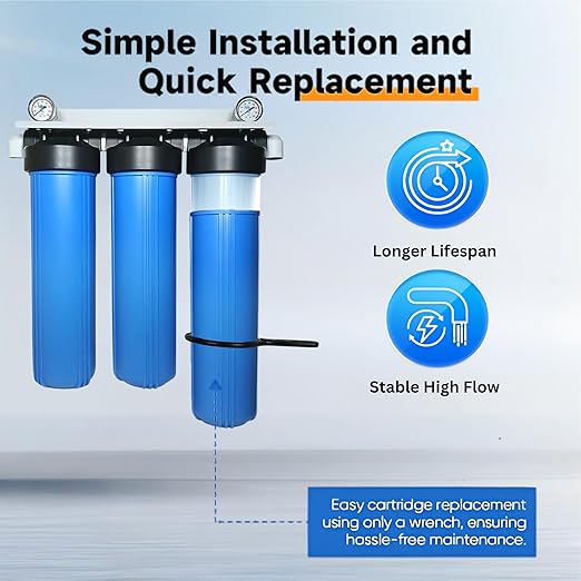 Superior Three (3) Stage Water Filter System 20" H X 4.5" NSF Certified 3 Filter Set | Whole House Water Filter System | with 3 Filters for Clean Drinking Water | 2 Pressure guages | Fully Assembled